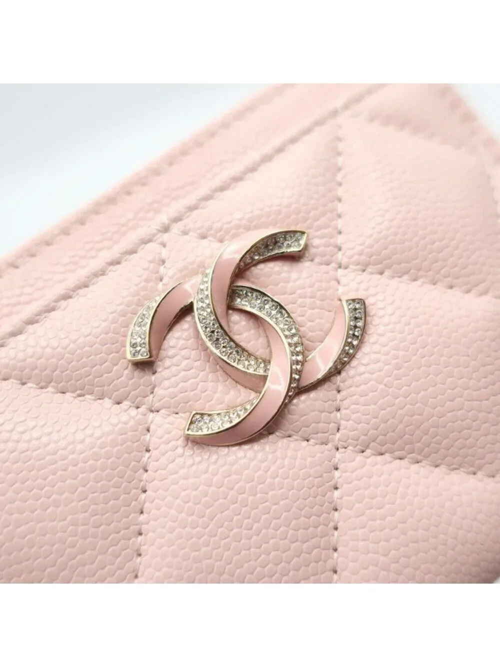 Chanel Ten Pass Case Card Slot Pink Caviar Leather CC Logo Rhinestone